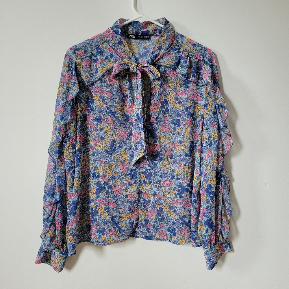 Zara Multicolor Floral Blouse with Tie-Neck